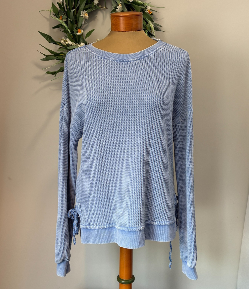 Saturday Sunday Anthropologie Blue Distressed Waffle Thermal Knit Side Tie Top S